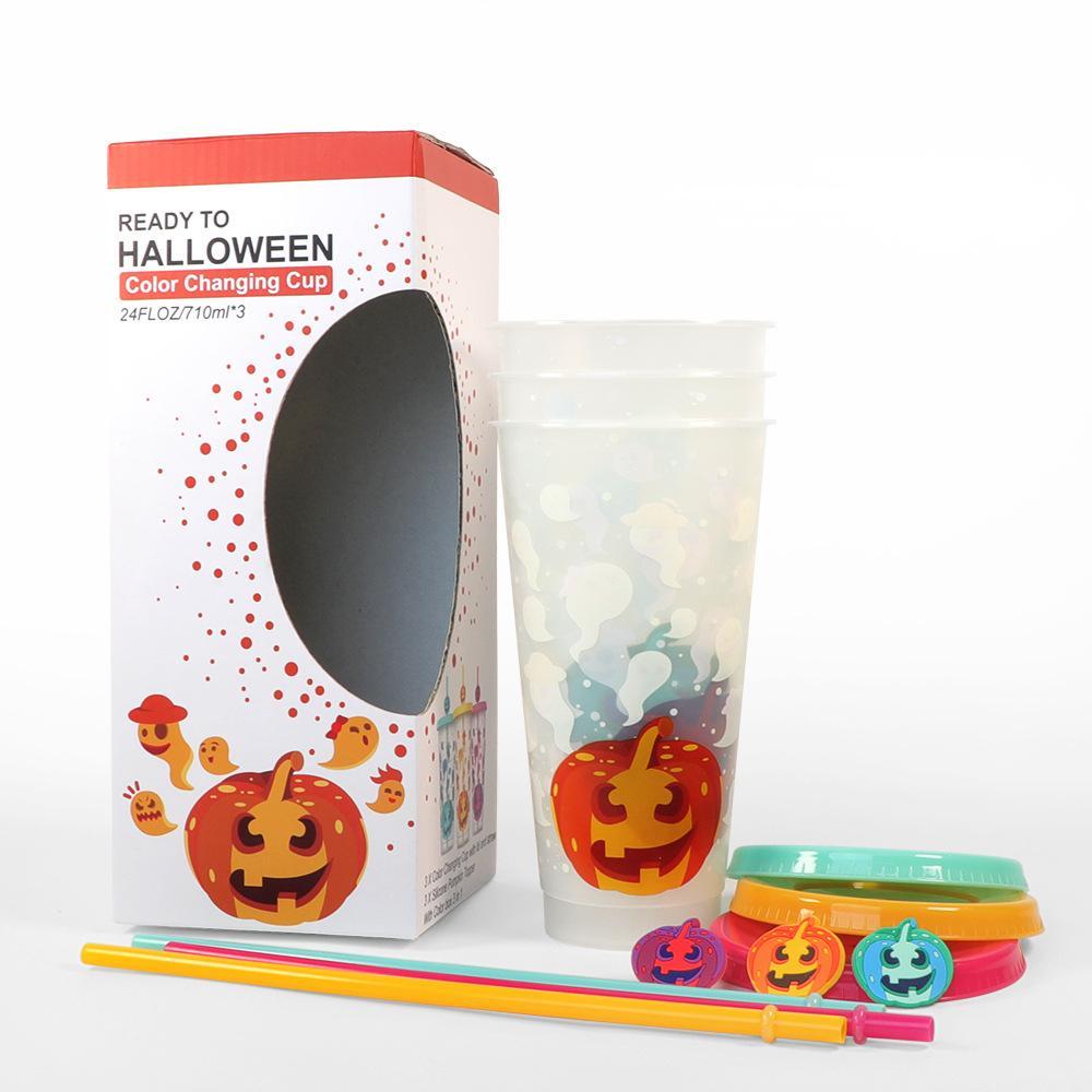 New Halloween Single Layer Cold Color Plastic Cup 710ML Funny Pumpkin Suction Pipe Set Plastic Cup