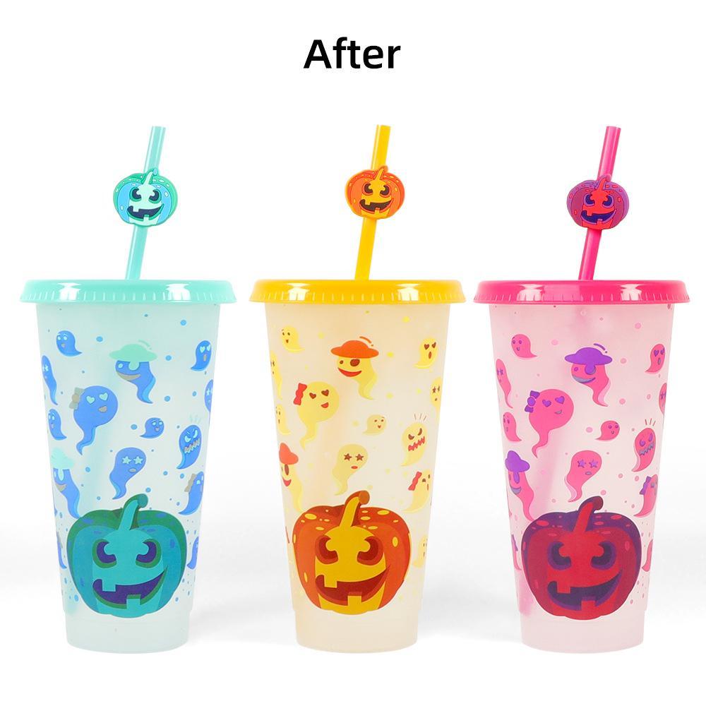 New Halloween Single Layer Cold Color Plastic Cup 710ML Funny Pumpkin Suction Pipe Set Plastic Cup