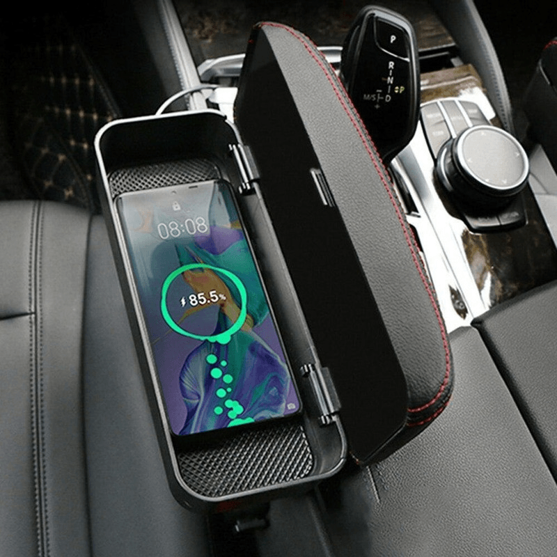Adjustable Qi Wireless Phone Charging Car Center Console Armrest Pad Storage Box Car Seat Gap Storage - EAEOO