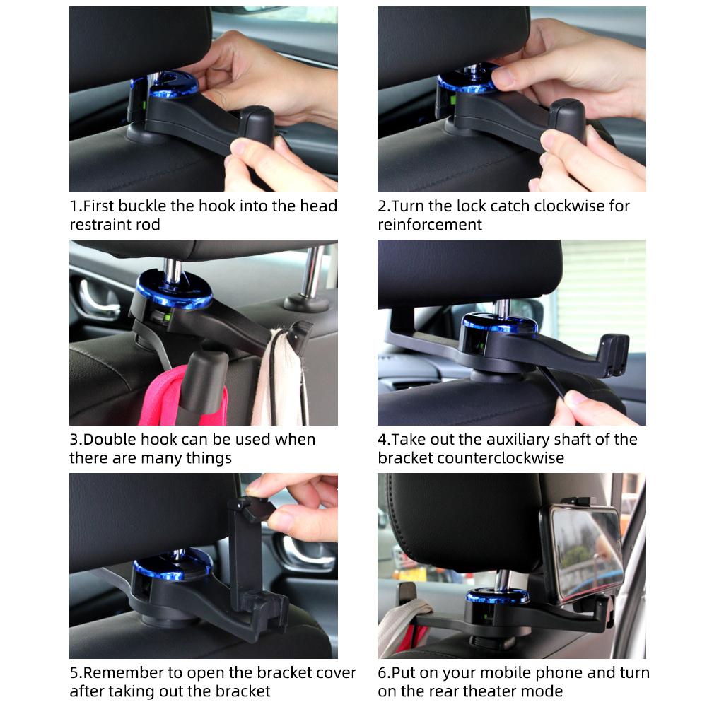 US-3 in 1 Car Vehicle Back Seat Headrest Hook Mobile Phone Holder Portable Seat Back Hanger Hook